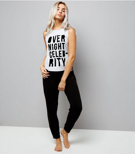 Petite Grey Over Night Celebrity Slogan Pyjama Set | New Look