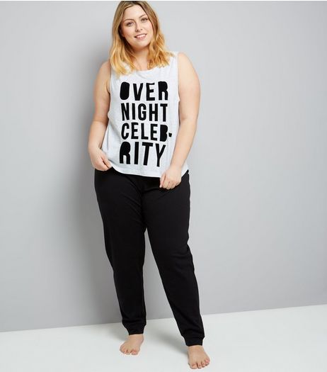Curves Grey Over Night Celebrity Slogan Pyjama Set | New Look