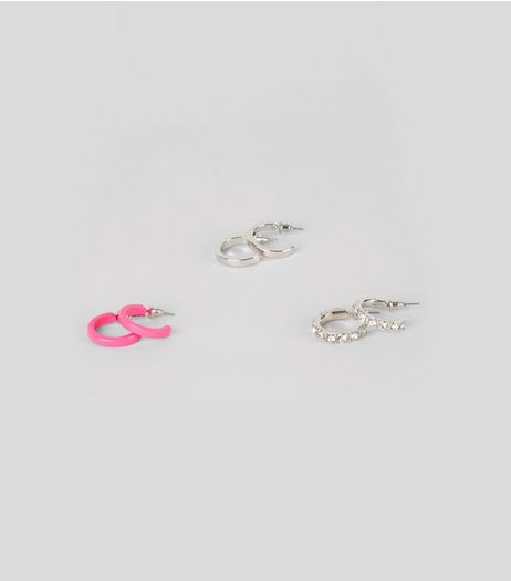 3 Pack Pink and Silver Mini Hoop Earrings | New Look