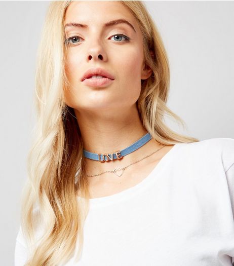 2 Pack Blue Denim Love Choker | New Look