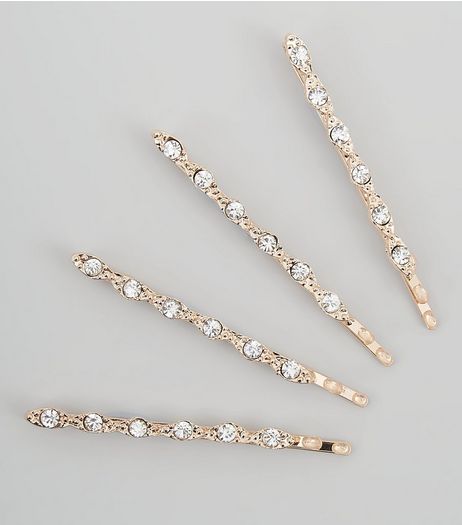 4 Pack Rose Gold Diamante Hair Slides | New Look