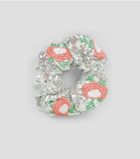 Silver Sequin Floral Embroidered Scrunchie | New Look