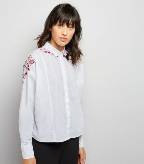 White Embroidered Detail Long Sleeve Shirt | New Look