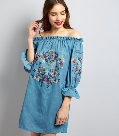 Parisian Blue Floral Embroidered Denim Dress | New Look