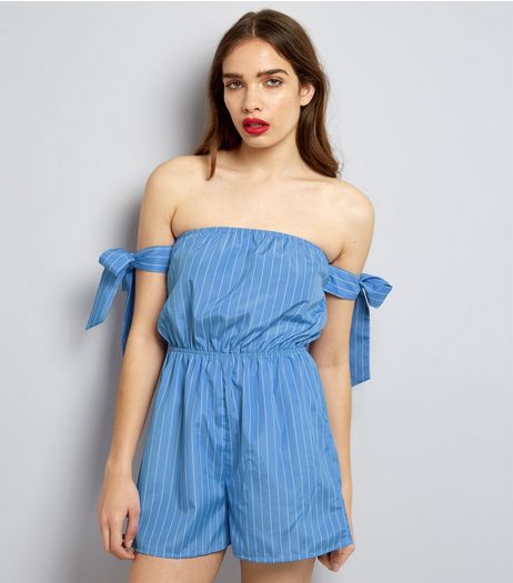 Parisian Blue Stripe Bardot Neck Tie Sleeve Playsuit | New Look