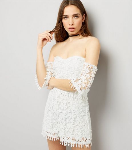 Parisian White Lace Bardot Neck Playsuit | New Look