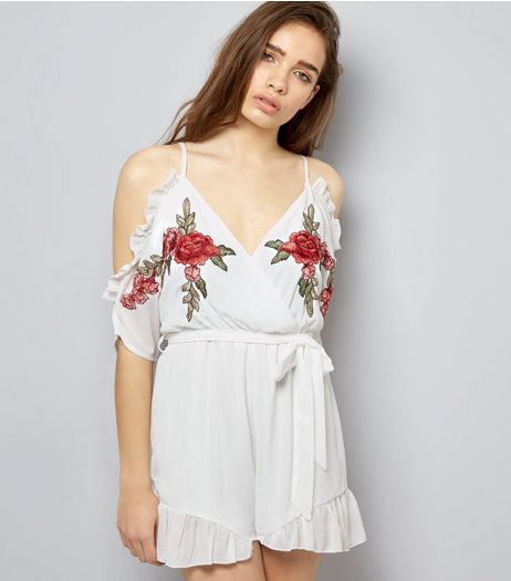 Parisian White Floral Embroidered Frill Trim Playsuit | New Look