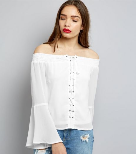 Parisian White Eyelet Lace Up Front Bardot Neck Top | New Look