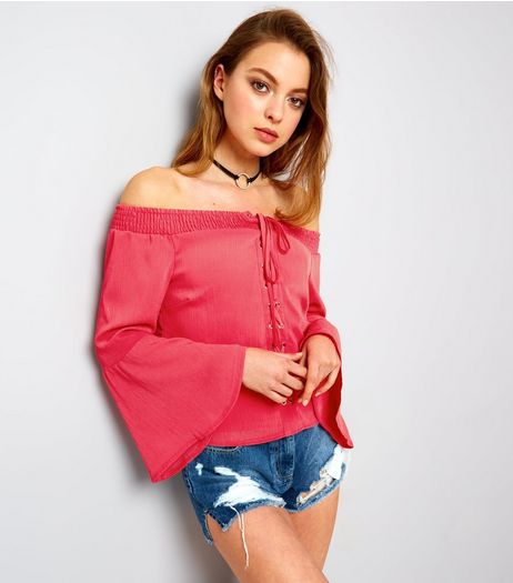 Parisian Bright Pink Eyelet Lace Up Front Bardot Neck Top | New Look
