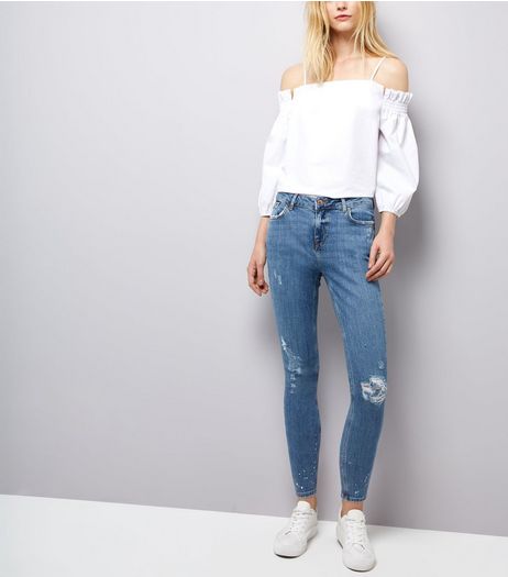 Blue Ripped Paint Splatter Skinny Jenna Jeans | New Look
