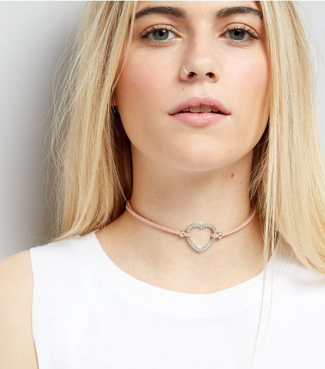 Pink Crystal Heart Choker | New Look