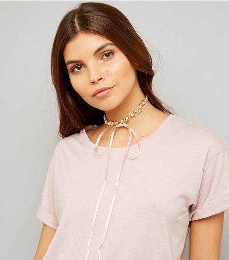 Pink Pearl and Gold Chain Wrap Choker | New Look