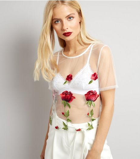 Parisian White Rose Embroidered Mesh Crop Top | New Look