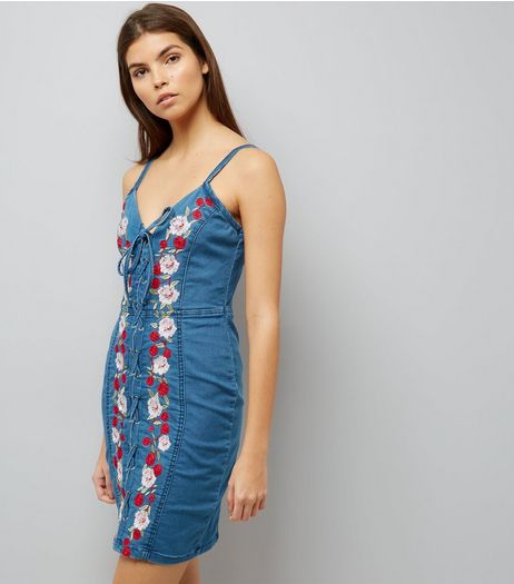 Parisian Blue Floral Embroidered Tie Front Denim Dress | New Look