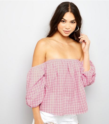 Parisian Shell Pink Gingham Bardot Neck Top | New Look