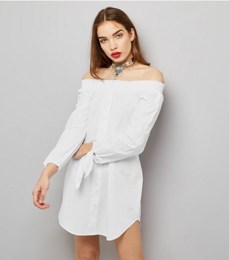 Innocence White Bardot Neck Tie Sleeve Dress | New Look