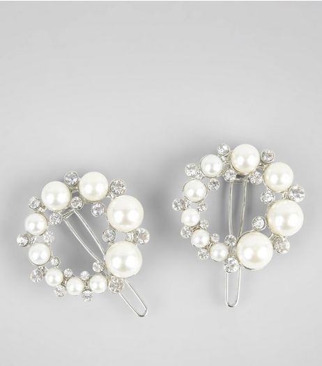 2 Pack Silver Pearl and Diamante Circle Clips | New Look