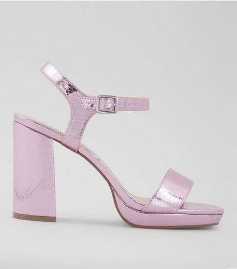 Wide Fit Pink Metallic Snakeskin Textured Block Heels | New Look