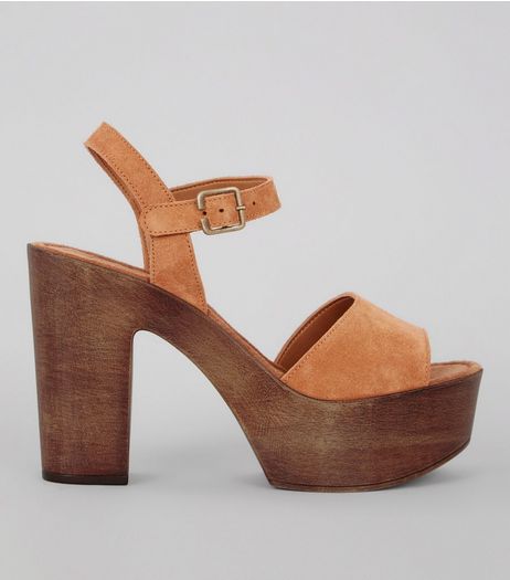 Tan Suede Wooden Block Heeled Sandals | New Look