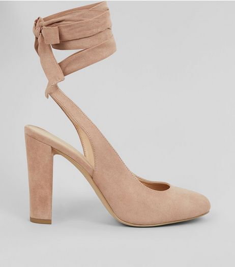 Nude Pink Suedette Tie Up Block Heels | New Look