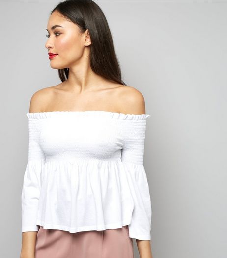 White Shirred Bardot Neck Top | New Look
