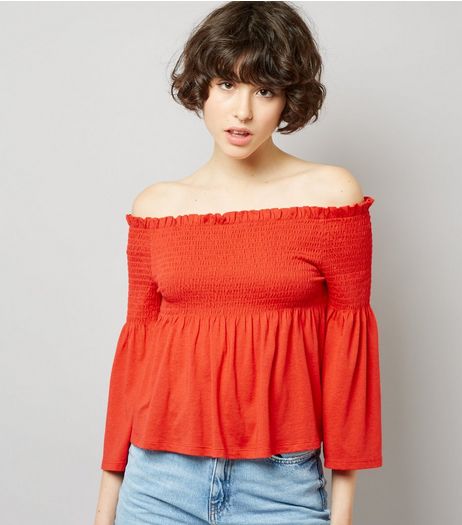 Red Shirred Bardot Neck Top | New Look