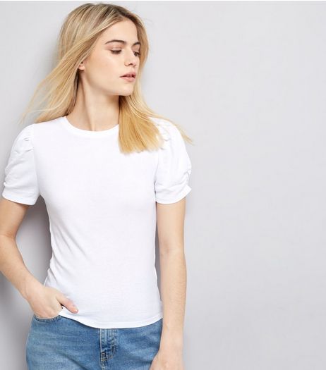 White Ruched Sleeve T-Shirt | New Look