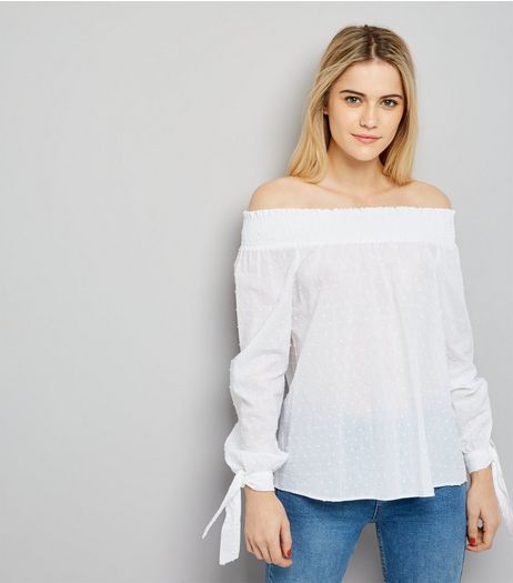 Tall White Spot Cotton Bardot Neck Top | New Look
