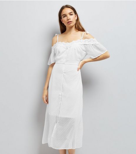 White Spot Chiffon Lace Trim Cold Shoulder Dress | New Look