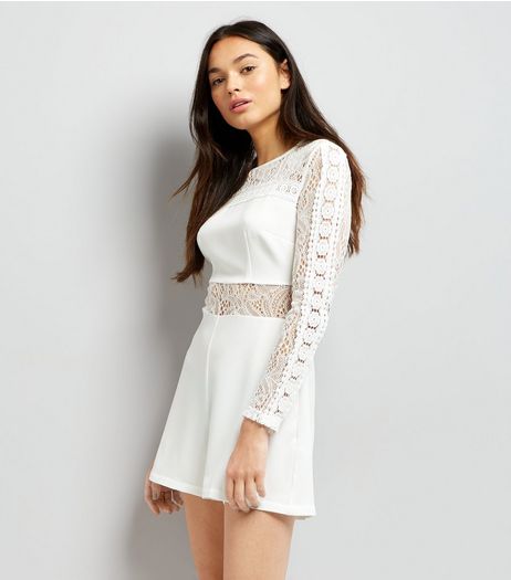 White Lace Insert Long Sleeve Playsuit | New Look