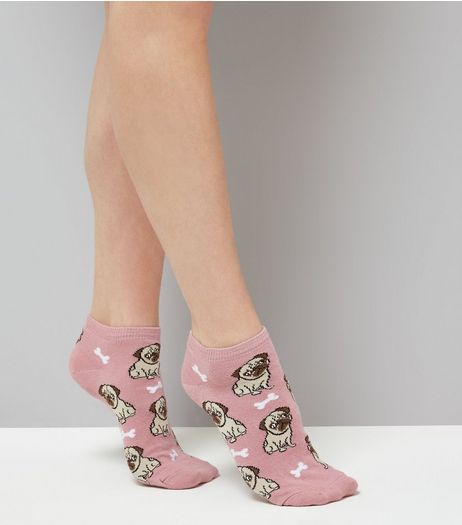 Pink Pug Print Trainer Socks | New Look