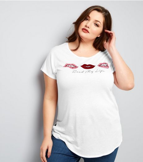 Curves White Read My Lips Slogan T-Shirt | New Look
