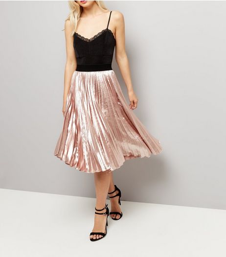 Shell Pink Satin Pleated Midi Skirt | New Look
