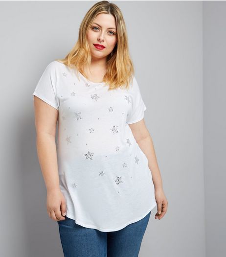 Curves White Beaded Star T-Shirt | New Look