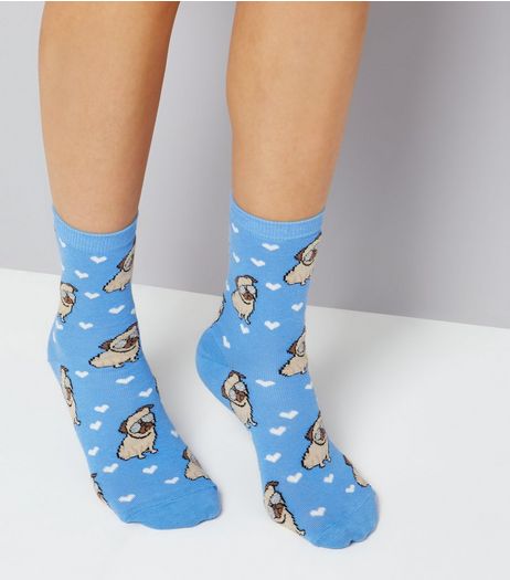 Blue Pug and Heart Print Socks | New Look