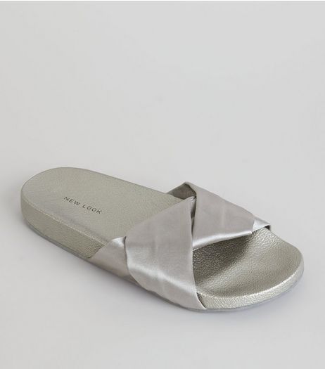 Silver Satin Twist Sliders | New Look