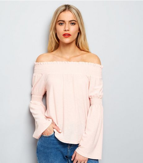 Shell Pink Flared Sleeve Bardot Top | New Look