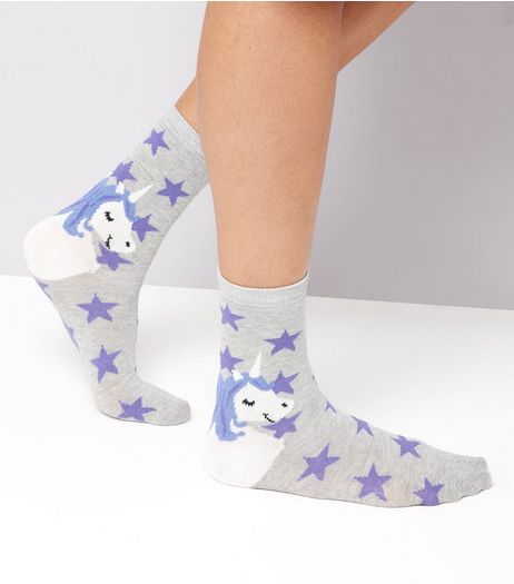 Grey Star and Unicorn Print Socks | New Look