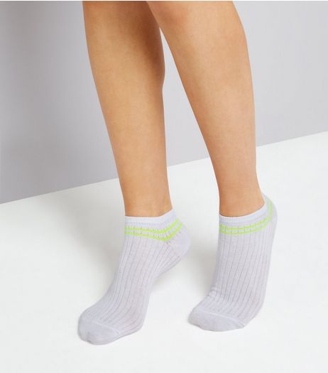 White Neon Stripe Ribbed Trainer Socks | New Look
