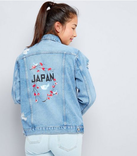 Teens Blue Japan Floral Embroidered Denim Jacket | New Look