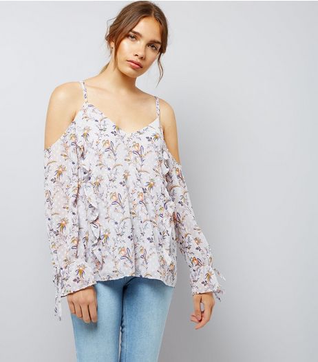 Grey Chiffon Floral Print Cold Shoulder Top | New Look