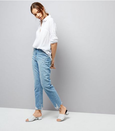 Blue Embellished Stud Trim Tori Mom Jeans | New Look