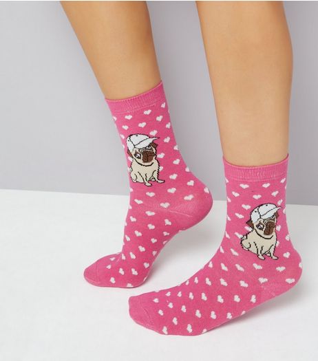 Pink Pug and Heart Print Socks | New Look