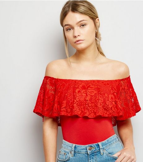 Red Lace Frill Trim Bardot Neck Bodysuit | New Look
