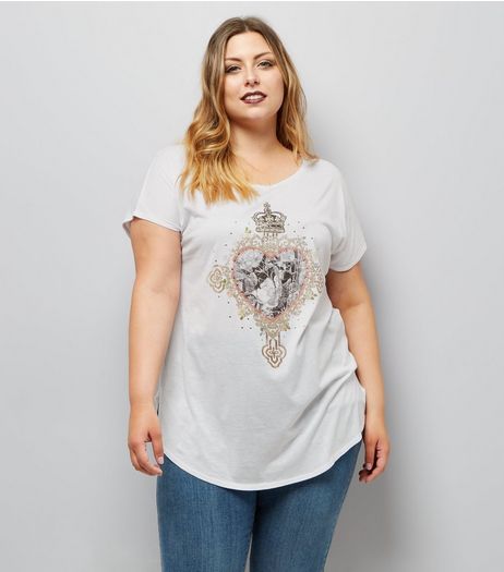 Curves White Embellished Heart Print T-Shirt | New Look