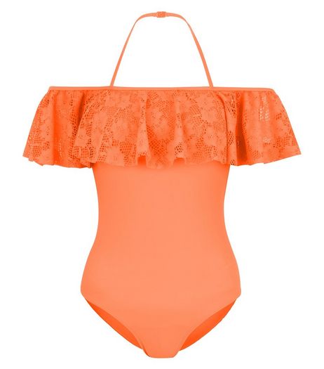 Teens Orange Lace Trim Bardot Neck Swimsuit | New Look
