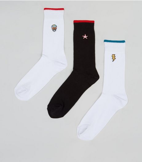 3 Pack White and Black Embroidered Socks | New Look