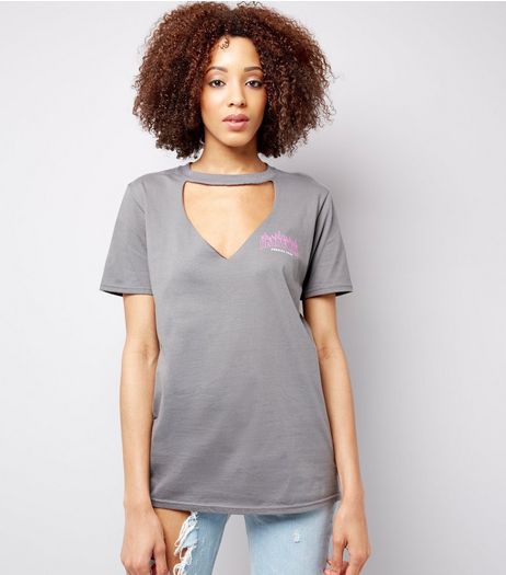 Grey Heartache Print Choker Neck T-Shirt | New Look