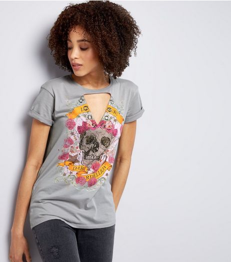 Grey Floral Skull Print Choker Neck T-Shirt | New Look