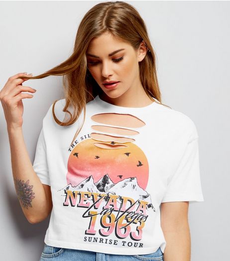 White Nevada Print Cut Out Cropped T-Shirt | New Look